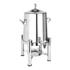 a stainless steel coffee urn on a white background