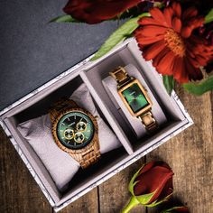 The Couples Green Gold his and her couples watch set makes the perfect pair. Great for anniversaries, birthdays, and Valentines day, show that special someone how much they mean to you. The women's watch, Lola Olive Gold Green, features a deep green number-free dial complements the gold stainless steel band with detailed olive wood inlay perfectly. The men's watch, Classic Multifunction Zebrawood Green, features a sunray green color multifunction dial detailed with gold-toned super-lum markings Couples Watches, Couple Watches Set, Small Watch, Watch Set, Watch Engraving, Couple Watch, Bracelet Apple Watch, Zebra Wood, Wood Inlay