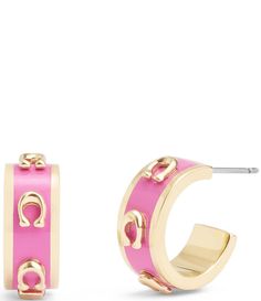 From COACH, these earrings feature:Huggie hoop earringsBrass/enamelTitanium post-closure Includes signature COACH jewelry pouchApprox. 0.6" L x 0.25" W x 0.4" DiameterImported. Love Shack Fancy Jewelry, Pink Accessories Outfit, Trending Gold Earrings, Girly Presents, 2024 Christmas List, Gold And Pink Jewelry, Mini Gold Hoops, Pink And Gold Earrings, Hope Earrings