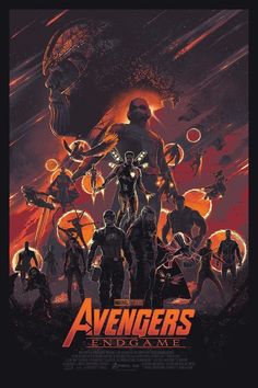 the poster for avengers endgame is shown in red and orange colors, with an image of