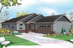 this is an artist's rendering of the front elevation of these ranch house plans