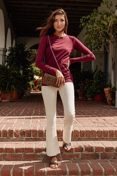 women walking down stairs in a burgundy long sleeve shirt Cotton Long Sleeve Shirt, Crew Neck Shirt, Basic Tops, Neck Shirt, Crew Neckline, Heather Grey, Daily Wear, Khaki Pants, Layering