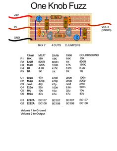 the circuit diagram for one knob fuzz, with instructions on how to use it