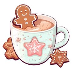 a cup of hot chocolate with a gingerbread cookie in the middle and star cookies around it