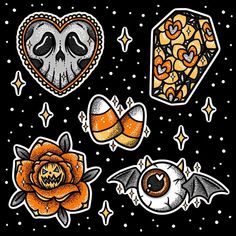 halloween stickers on a black background with skulls, roses and bats in the shape of hearts