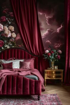 Cozy Art Deco bedroom featuring warm burgundy and gold color scheme Maroon Wall Bedroom, Art Deco Bedroom Design, Maroon Room, Maroon Walls, Cozy Farmhouse Bedroom, Faux Walls, Japandi Living, Boho Bathroom Decor, Contemporary Art Deco