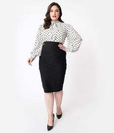 Grab the wheel and drive their hearts to the edge, dolls! Give your curvy silhouette the advantage with a breathtaking black plus size wiggle skirt, fresh from Unique Vintage. The Tracy Skirt is a thrilling separate crafted in a luscious black stretch fabric that showcases your feminine form by clutching curves as you make your move. The banded high waist nips in your figure and the paneled hips provide flattering pin-up style while the sexy pencil skirt glides to your knees. An adorable pleated Plus Size Business Attire 2022, Buiness Casual Plus Size, Plus Size Business Professional Dress, Business Casual Dresses For Plus Size Women, Office Attire Women Plus Size Work, Plus Size For Work, Plus Size Business Fall, Plus Size Teacher Capsule Wardrobe 2022, Plus Size Women Skirts