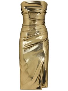 Dolce & Gabbana Foiled Satin Strapless Dress - Farfetch Green Dress Casual, Dresses Green, Calf Length Dress, Dolce Gabbana Dress, Strapless Midi Dress, Dress Gold, Straight Neckline, Pink Midi Dress, Dolce E Gabbana