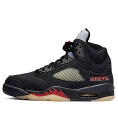 (WMNS) Air Jordan 5 GORE-TEX 'Off-Noir' DR0092-001 Black Custom Sneakers With Boost Midsole For Outdoor, Casual Black Basketball Shoes For Outdoor, Black Urban Sneakers For Outdoor Activities, Black Outdoor Basketball Shoes With Cushioned Footbed, Functional Black Custom Sneakers With Boost Midsole, Black Custom Sneakers For Outdoor, Black Breathable High-top Sneakers For Outdoor Activities, Black High-top Sneakers For Outdoor Activities, Sporty Black Custom Sneakers With Cushioned Footbed