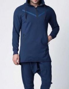 QL LD Longline Tracksuit with Drop Crotch Jogger Sirwal in Blue Tapered Pants, Bohemian Clothes, Blue Suit, Printed Pants