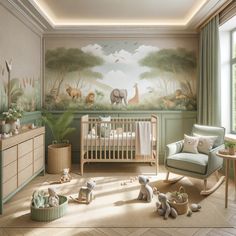 a baby's room decorated in green and white with animals on the wall, crib, rocking chair, dresser, and bed