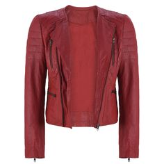 Trendy Red Women's Leather Motorcycle Jacket Description: Elevate your style with our stunning red leather motorcycle jacket, designed for the modern woman who loves both fashion and function. This trendy slim-fit jacket combines classic motorcycle elements with a sleek, contemporary look. Features: Color: Vibrant red for a bold fashion statement. Fit: Slim and flattering, designed to contour to your shape. Style: Classic motorcycle jacket with a modern twist. Material: Premium leather for durability and a luxurious feel. Windproof: Keeps you warm and protected against the elements. Pockets: Convenient four zipper pocket for secure storage of essentials. Collar: Standing collar for added protection and a stylish touch. Closure: Front zipper for a secure and adjustable fit. Sizing: Availabl Red Leather Long Sleeve Jacket For Biker Events, Red Leather Jacket For Biker Events, Red Long Sleeve Leather Jacket For Biker Events, Red Fitted Leather Biker Jacket, Red Leather Outerwear For Biker Events, Red Leather Biker Outerwear, Red Zipper Closure Outerwear For Biker Events, Red Zipper Outerwear For Biker Events, Fitted Burgundy Leather Biker Jacket