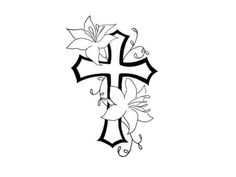 a cross with lilies on it and the word jesus above it is written in black ink