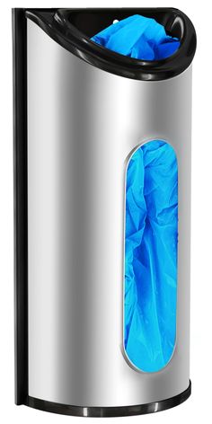 a stainless steel trash can with blue tissue paper in it