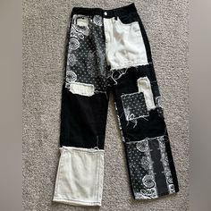 Brand: Shein Size: Medium Color: Black And White Details: Never Worn, Patched Pattern Punk Painted Clothes, Diy Patch Jeans, Patchy Pants, Half And Half Pants, Custom Black Jeans, Custom Pants Ideas, Personalized Jeans, Pant Patches, Reworked Pants