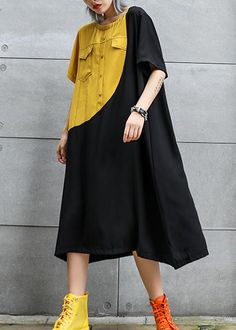 Loose black cotton quilting clothes o neck patchwork robes summer Dres – SooLinen Long Fall Dresses, Muumuu Dress, Mumu Dress, Summer Black Dress, Mode Kimono, Summer Dress, Style Chic, Loose Fitting Dresses, Long Summer Dresses