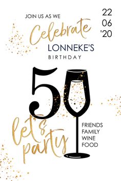 a 50th birthday card with the number fifty and a glass of wine