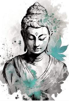 a painting of a buddha statue with watercolor splashs on the side and leaves around it