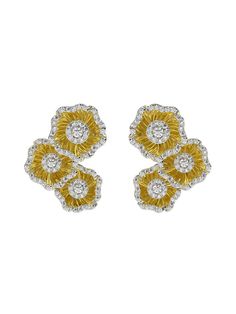 Halo Flower Yellow Gold Earrings | Marchesa Luxury Flower Shaped Diamond Earrings With Accents, Luxury Flower-shaped Diamond Earrings With Accents, Luxury Yellow Gold Flower Shaped Cluster Earrings, Luxury Yellow Gold Flower Earrings, Yellow Gold Diamond Flower Cluster Earrings, Yellow Gold Diamond Cluster Earrings In Flower Shape, Elegant Yellow Flower Shaped Earrings, Elegant Yellow Flower-shaped Earrings, Luxury Yellow Flower Shaped Jewelry