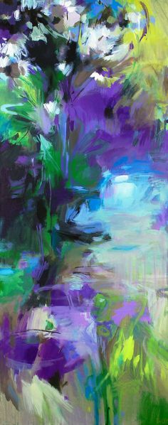 an abstract painting of trees and water in purple, green, yellow and blue colors