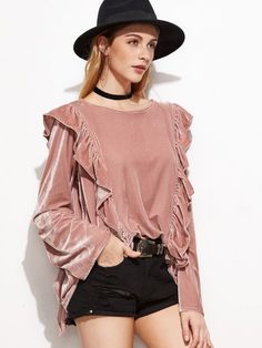 Description Size Available: S,M,L Fabric: Fabric has some stretch Season: Fall Pattern Type: Plain Sleeve Length: Long Sleeve Color: Pink Material: 95% Polyester 5% Spandex Style: Vintage, Cute Collar: Round Neck Decoration: Ruffle Shoulder(Cm): S:38cm, M:39cm, L:40cm Bust(Cm): S:102cm, M:106cm, L:110cm Length(Cm): S:60cm, M:61cm, L:62cm Sleeve Length(Cm): S:59cm, M:60cm, L:61cm Velvet Tops For Women, Skater Dress Outfit, Mode Abaya, Velvet Clothes, Shirts Women Fashion, Velvet Top, Velvet Fashion, Casual Tops For Women, Velvet Tops