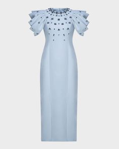 Huishan Zhang Damia Crystal Draped Short-Sleeve Gown | Neiman Marcus Puff Sleeve Gown, Huishan Zhang, Cape Gown, Draped Sleeves, Halter Gown, Long Sleeve Evening Dresses, Long Sleeve Gown, Embellished Gown, Drape Sleeves