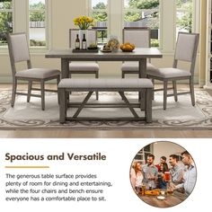 a dining room table and chairs with the caption spacqus and versatie