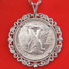 "You are looking at a gorgeous solid 925 sterling silver necklace with an authentic US Walking Liberty half dollar 90% silver AU coin. You have a choice to pick a year date between 1940 and 1947, and let me know if you want earlier year coin BUT no key dates and may not get AU coin before 1940. The coin is set with backside 4-prong, and you can see both sides of the coin. The pendant is made of solid 925 sterling silver, sized about 1.95\"(50mm) x 1.60\"(40mm), and heavy. It comes with a 20\" so Heirloom Silver Necklace With Coin Pendant, Vintage White Gold Nickel-free Necklace, Classic Stamped 925 Medallion Jewelry, Classic Collectible Nickel-free Jewelry, Classic Nickel-free Collectible Jewelry, Nickel-free Classic Collectible Jewelry, Classic Round Necklaces With Hallmark, Silver Coin Jewelry Stamped 925, Stamped 925 Medallion Necklace For Anniversary