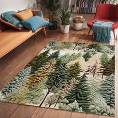 a living room filled with furniture and a rug on top of a hard wood floor