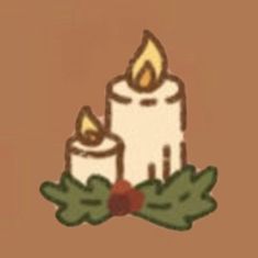 two lit candles with holly leaves on brown background