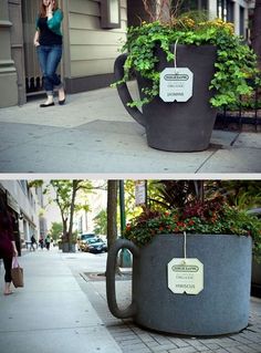 two pictures one has a coffee cup and the other has a planter