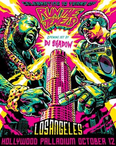 an event poster with two men in front of a building and the words los angeles on it