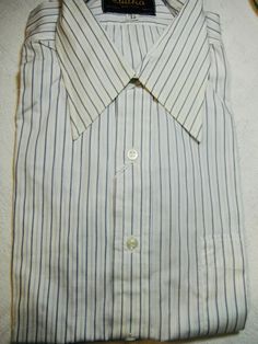 Vintage Sulka 100% cotton, white with blue stripes, never worn. Collar size 15.5 Sleeves 32 White Cotton Dress Shirt With Striped Collar, White Dress Shirt With Striped Collar For Work, Classic Shirt With Vertical Stripes For Daywear, White Shirt With Striped Collar For Work, Elegant White Shirt With Vertical Stripes, Pinstripe Dress Shirt With Striped Collar In Cotton, Pinstripe Cotton Dress Shirt With Striped Collar, Pinstripe Dress Shirt With Striped Collar, Office Cotton Shirt With Vertical Stripes