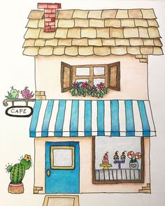 a drawing of a house with a blue and white striped awning next to a cactus