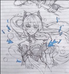 a pencil drawing of a girl with long hair and blue birds flying around her head