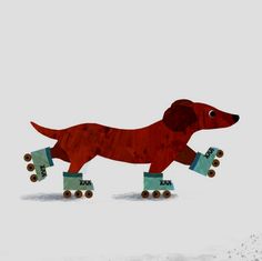 a wooden dachshund riding on roller skates with the word max printed on it