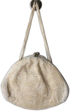 Vintage Beaded Shoulder Bag For Events, Vintage Sequined Rectangular Evening Bag, Vintage Sequin Evening Bag, Vintage White Embellished Evening Bag, Vintage Beaded Beige Bags, Luxury Vintage Beaded Evening Bag, Beaded Strap, Evening Purse, Hand Beading