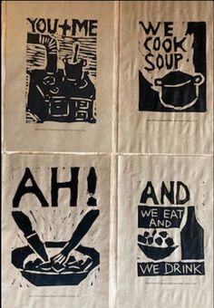 four tea towels with black and white images on them that say you're cooking soup, ah, we eat and we drink