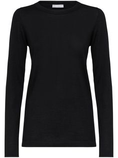 black cashmere-silk blend crew neck long sleeves straight hem Silk Sweater, Long Sleeve Jumper, Knitted Tops, Fitted Sweater, Brunello Cucinelli, Knitwear Women, Black Sweaters, Fashion Branding, Jumper