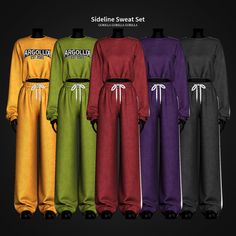 six different colored sweatsuits with the word argolly on them in multiple colors