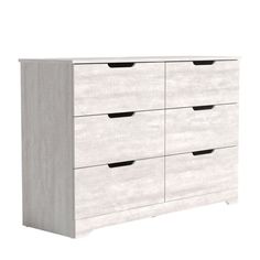 a white dresser with four drawers and two black handles on the bottom, against a white background