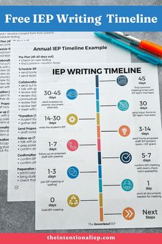 the free iep writing timeline is on top of a table