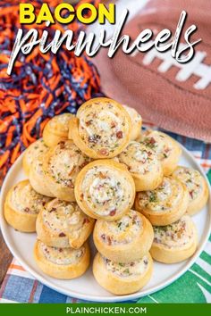 bacon and cheese pinwheels on a plate next to a football with the title above it