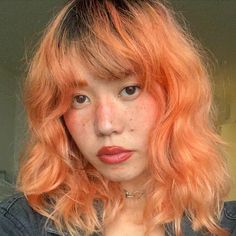 Orange Creamsicle Hair, Pinky Orange Hair, Soft Orange Hair, Peachy Orange Hair, Pinkish Orange Hair, Pale Orange Hair, Peach Curly Hair, Orange And Pink Hair