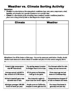 the weather vs climate sorting activity is shown in black and white, with text on it