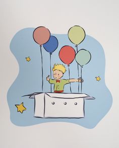 a drawing of a boy sitting on top of a box with balloons in the air