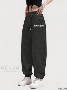 Peilia - Womens Athleisure: New York Print Sports Sweatpants with Drawstring Elastic Waist, Pocketed Loose Casual Workout Pants Hip Hop Style Sweatpants With Drawstring For Sports, Stretch Athleisure Sweatpants With Letter Print, Gray Drawstring Sports Pants, Hip Hop Style Stretch Sweatpants With Letter Print, Hip Hop Joggers With Letter Print For Leisure, Stretch Sportswear Sweatpants With Letter Print, Hip-hop Style Leisure Joggers With Letter Print, Gray Drawstring Joggers For Sports, Gray Joggers With Drawstring For Sports