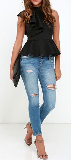 Couple Accessories, Black Peplum Top, Outfits 2016, Night Style, Black Peplum, Mode Casual, Looks Black, Denim Style