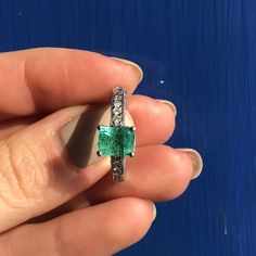 Estate 14KT White Gold Emerald + Pave Diamond Ring Size 7 - Legacy Saint Jewelry Estate Rings, Pave Diamond Ring, Diamond Design, Ring Ring, Pave Diamonds, Emerald Cut, Prong Setting, Ring Designs, Turquoise Ring