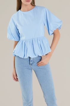 this balloon sleeve poplin top is the perfect addition to your spring and summer wardrobe. featuring a round neckline, balloon hem and puff sleeves, you're sure to turn heads! make a statement in this piece by pairing it with denim and strappy heels. shell: 100% cotton | lining: 100% rayon hand wash cold | low iron | do not tumble dry model is wearing a size small model's measurements: 5'10.5" height, 32" bust, 24" waist, 36.5" hip Poplin Top, Color Powder, Romper With Skirt, Low Iron, Dress Romper, Powder Blue, Strappy Heels, Hat Hairstyles, Handbags On Sale